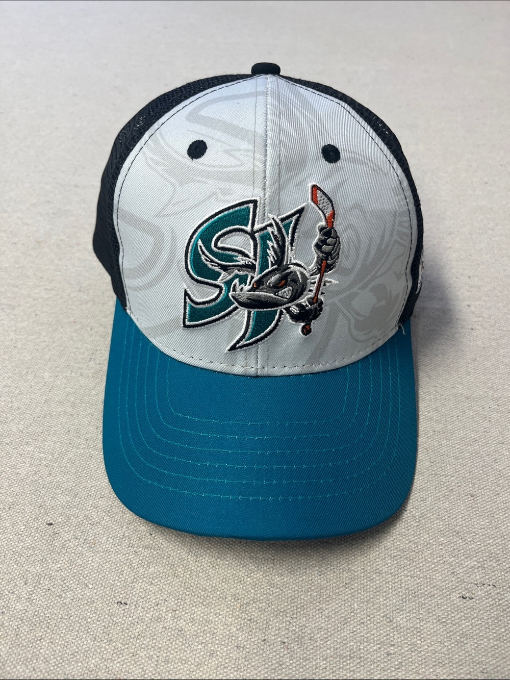 SJ Sharks Trucker Snapback Hat White Teal Mesh Royal Coach Tours Cap